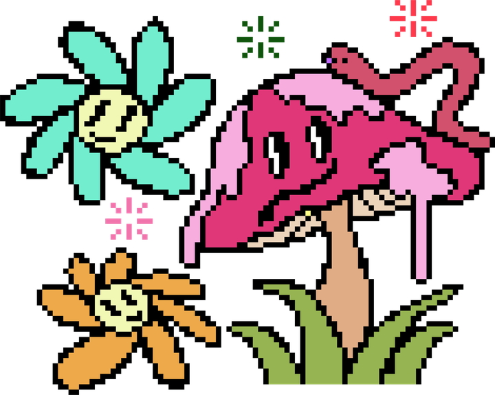 Pixel art flowers and mushroom illustration by Pixeley Gallery