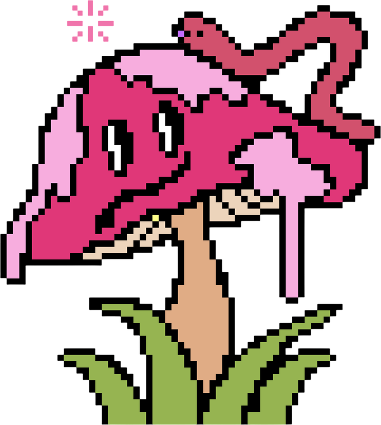 Pixeley Gallery pink mushroom mascot